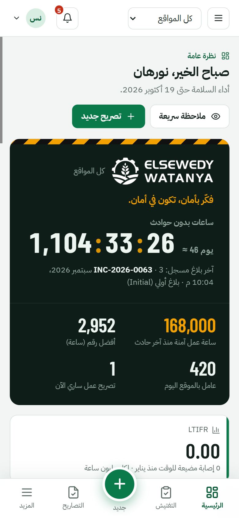 الشاشة الرئيسية لمهندس السلامة على الموبايل
